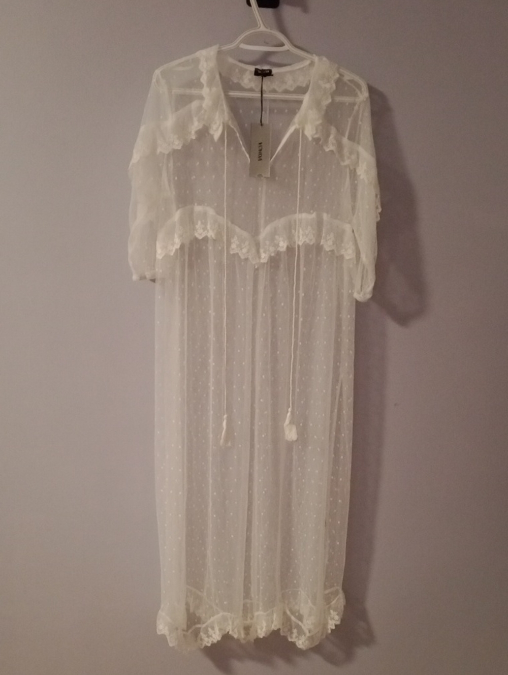 Delicate White Sheer Lace Robe with Tasseled Tie